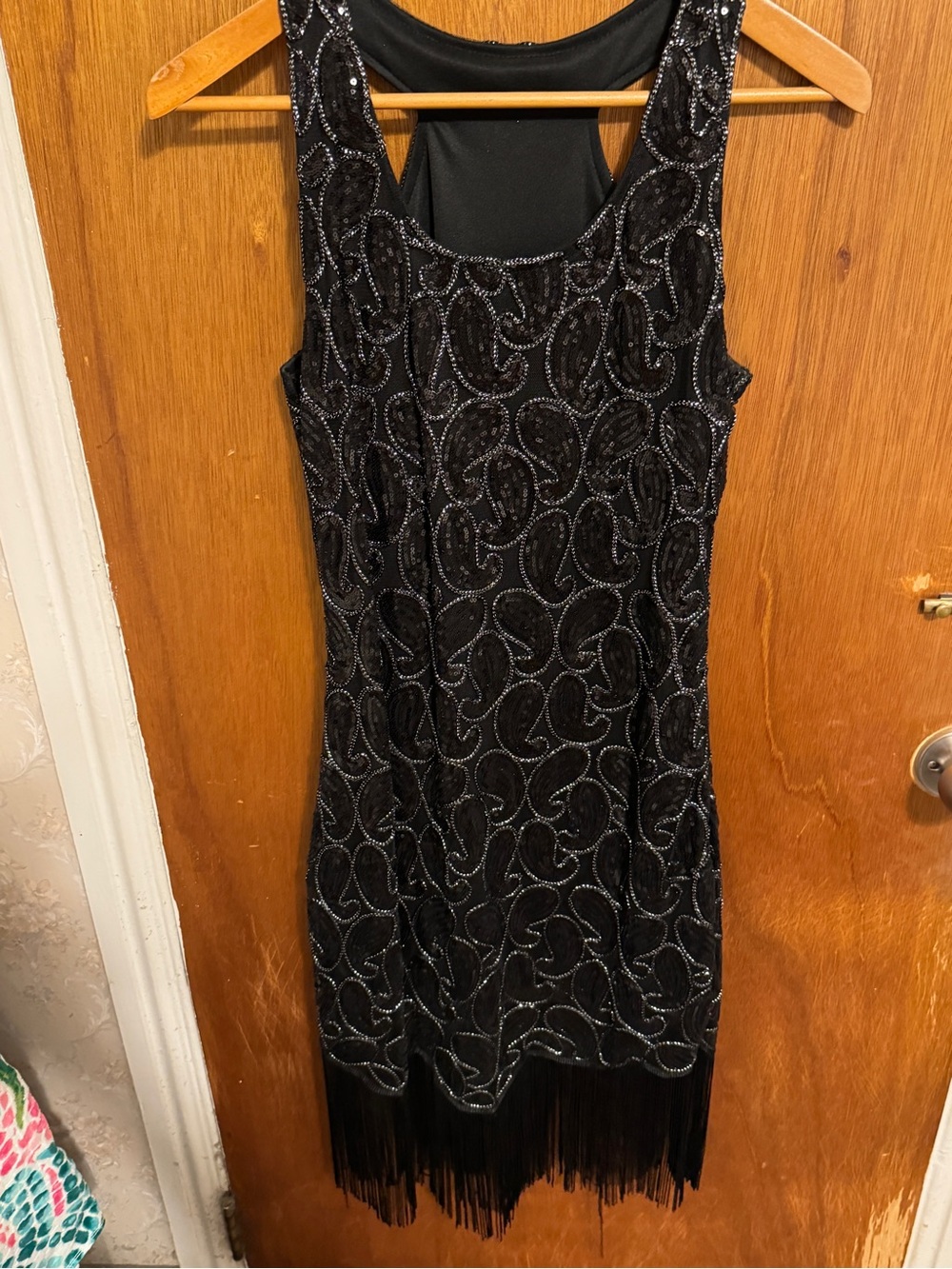 Source Unknown Black Beaded Fringe Tank Mini Dress